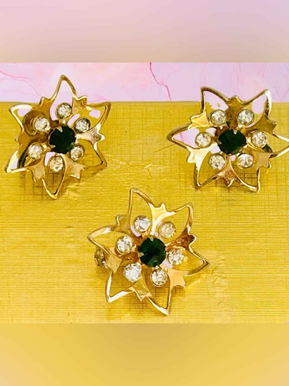 Vintage Set 1940s-1950s Gold Tone RhinestoneFloralBrooch & Screw-Back Earrings